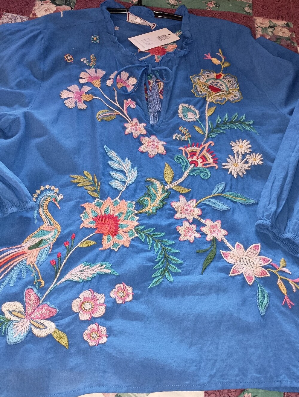 Size L Johnny Was Lapis Blue embroidered Malaya Cotton Field Blouse Peasant Top - Picture 7 of 9